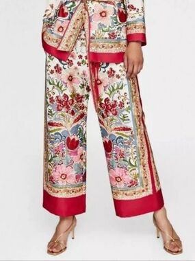 ZARA Printed Wide Pants, Red Floral, Size XL